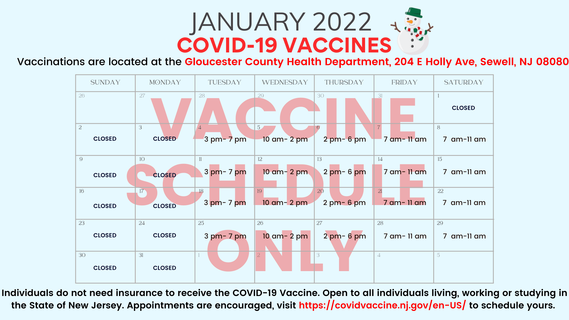 January 2022 Vaccination Schedule